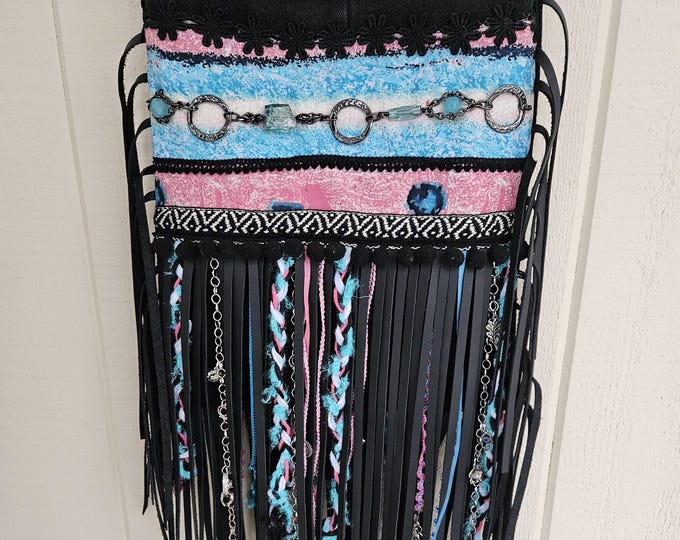 Purse, denim, black leather fringe