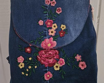 Backpack, denim embroidered flowers