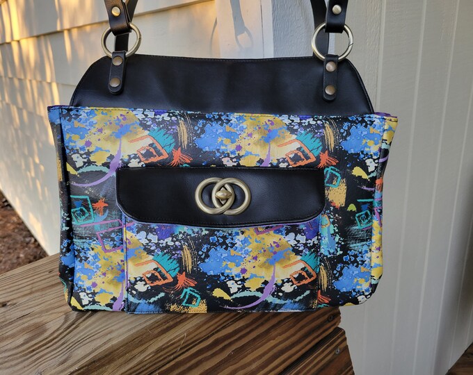 Purse/handbag, vinyl black multi-color abstract design, hand made