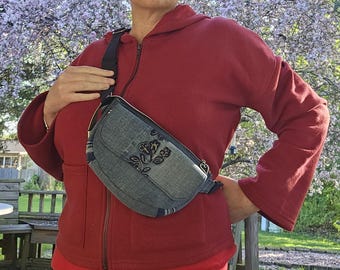 Upcycled Denim Fanny Pack, Embroidered Blue Flowers, Boho Sling Bag, Phone Pocket