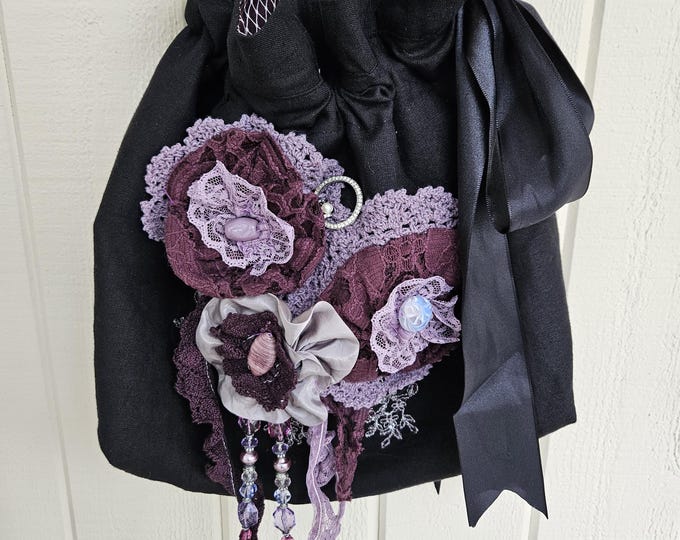 Bag/purse draw string, black linen, flowers