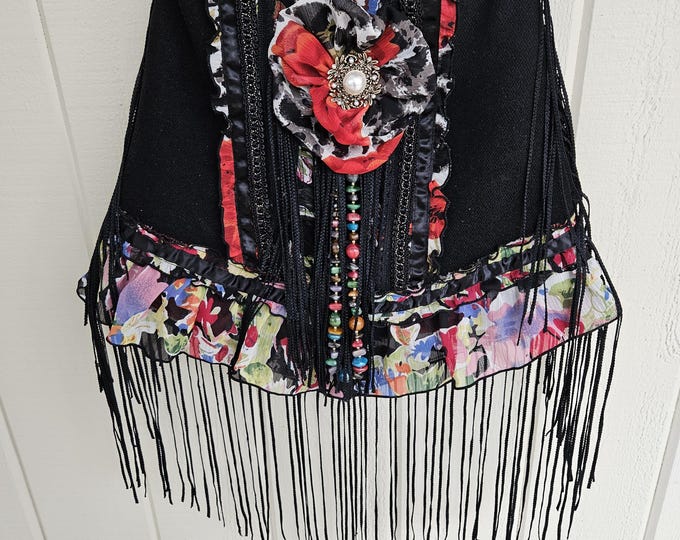 bag/purse, black, boho, fringes, flowers, art bag