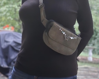Purse, waist bag, retro olive green corduroy