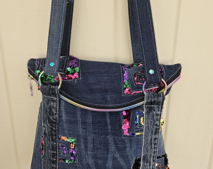Purse, blue jean, multi color sequins, hand made