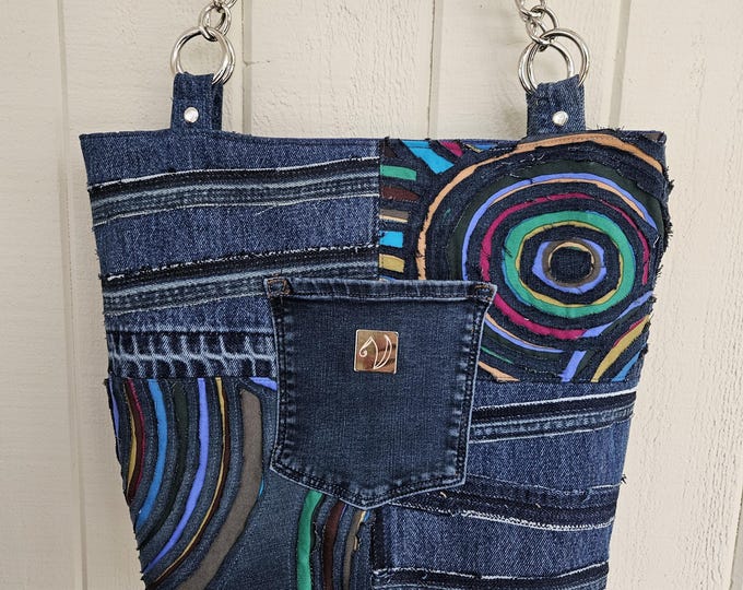 tote bag, denim, distressed.