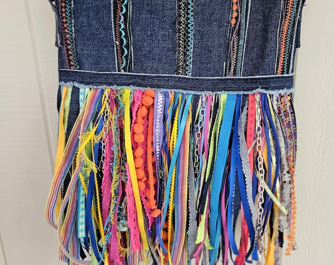 Purse/Sling bag, denim with fringe, hand made