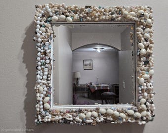 Rustic Shell Mirror, Coastal Decor with Natural Shells, Stones & Recycled Jewelry, Wall Art