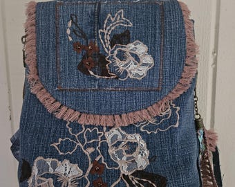 Backpack, denim, brown embroidery.