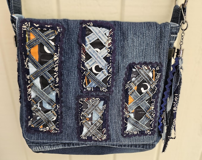 Bag/purse, messenger, recycled denim, cutouts