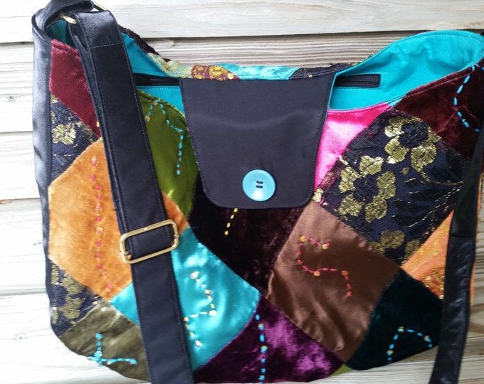 Bag, upcycled, multi colour, Indian style patchwork, sequins and beads, hand made