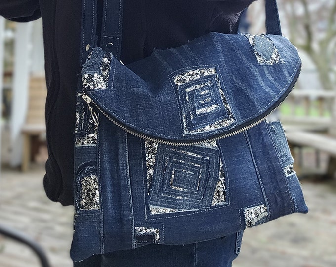 Bag/purse, blue jean, recycled with silver sequins, hand made
