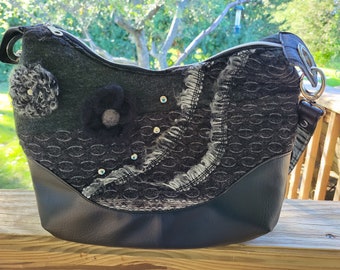 Purse/Hobo bag, black, gray knit, vinyl, upcycled, hand made