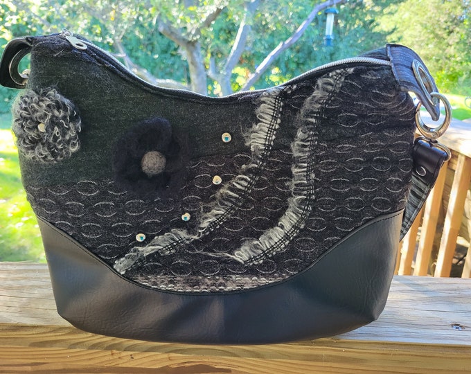 Purse/Hobo bag, black, gray knit, vinyl, upcycled, hand made