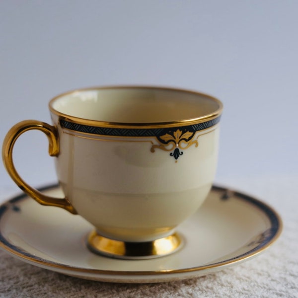 Taza de té y platillo Lenox en patrón "Potomac" - Nuevo, sin usar