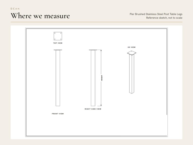Reference sketch of the Pier Brushed Stainless Steel Post Table Legs showing where width, and height are measured