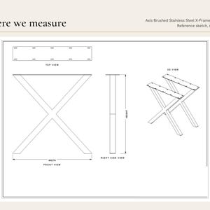 Reference sketch of the Axis Brushed Stainless Steel X-Frame Table Legs showing where width, and height are measured