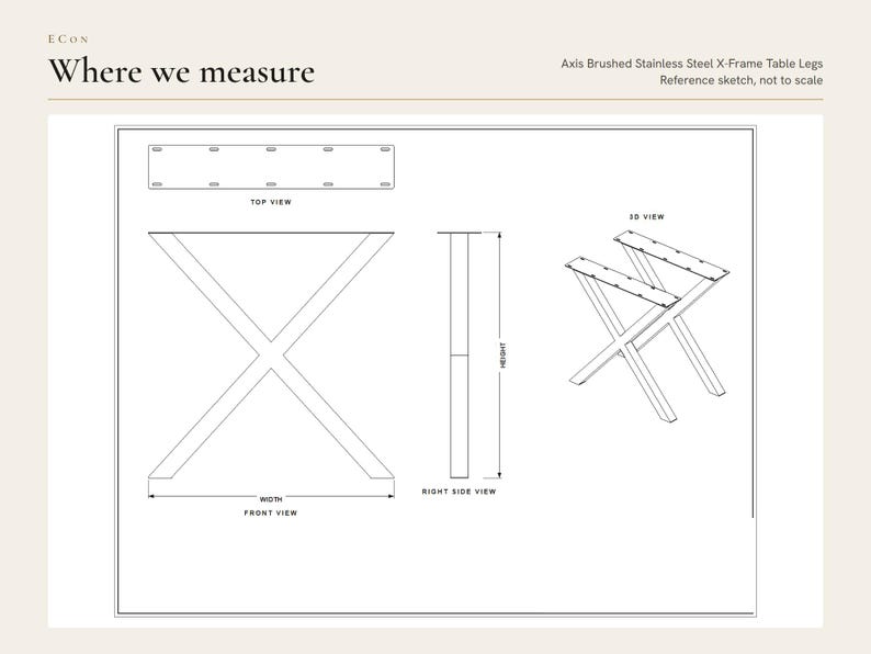 Reference sketch of the Axis Brushed Stainless Steel X-Frame Table Legs showing where width, and height are measured