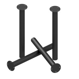 May include: Three black metal table legs with round plates at the bottom. The legs are arranged in a criss-cross pattern.