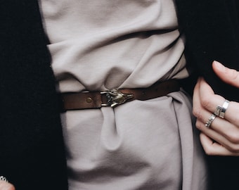 Bronze Wolf Buckle Leather Skinny Belt
