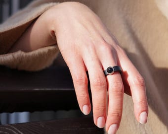 Leather Ring with Black Swarovski Crystal