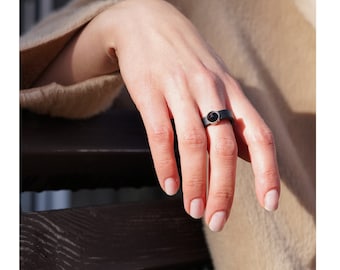 Leather Ring with Black Swarovski Crystal