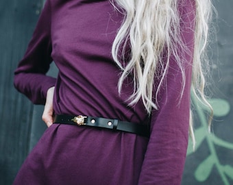 Gold Wolf Buckle Leather Skinny Belt