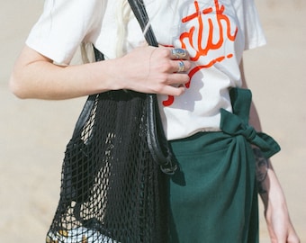 Net String bag with Leather strap handles