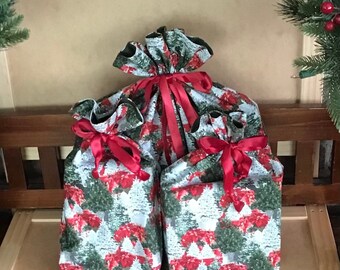 7 Christmas, Holiday, Fabric Bag, Gift Bag, Thank You, Gift, Reusable, Washable, Appreciation, Bag, Eco-Friendly, Green, White, Red, Trees