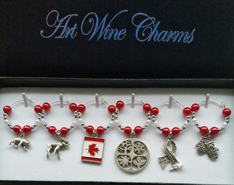 6 Canada themed Wine Charms, Canadian Wine Charms, Patriotic Wine Charms, Canada Day Decorations, July 1st Decorations, Canada Day Party