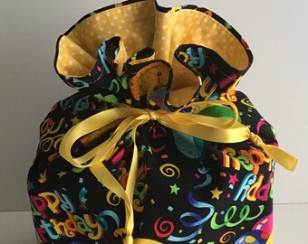 Happy Birthday, Yellow Lining, Fabric, Small, Bag, Gift Bag, Thank You, Gift, Reusable, Washable, Birthday Party, Eco-Friendly, Colorful