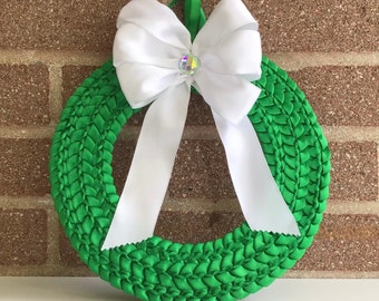Wreath, Green, White, Christmas, Ribbon, Unique, Door, Hanging, Flat, Lightweight, 10 Inches, Simple, Any Season,  Small, Original