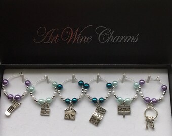 6 Realty themed Wine Charms, Thank You, Gift, Brokerage, Real Estate, Mortgage Broker, Themed Party, Party Favors, Graduation, Agent