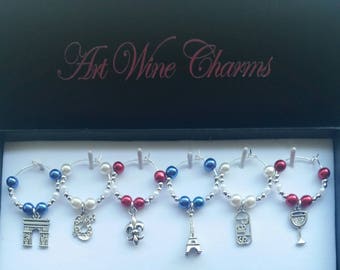 6 France themed Wine Charms, Paris, Eiffel Tower, French, Themed Party,Party Favors, Fleur de Lis, Parisian, Gift, Thank You, Gifts under 20