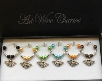 6 Bumble, Bees, Wine Charms, Themed Party, Party Favors, Thank You, Gift, Gifts Under 20, Bee Hive, Bee Keeper, Entomologist, Save the Bees