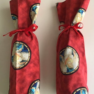 Fabric, Wine Bottle Bag, Thank You, Gift, Small Bags, Reusable, Washable, Bag, Wine, Bottle, Christmas, Holiday, Eco-Friendly, Angels, Red image 3