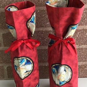 Fabric, Wine Bottle Bag, Thank You, Gift, Small Bags, Reusable, Washable, Bag, Wine, Bottle, Christmas, Holiday, Eco-Friendly, Angels, Red image 1