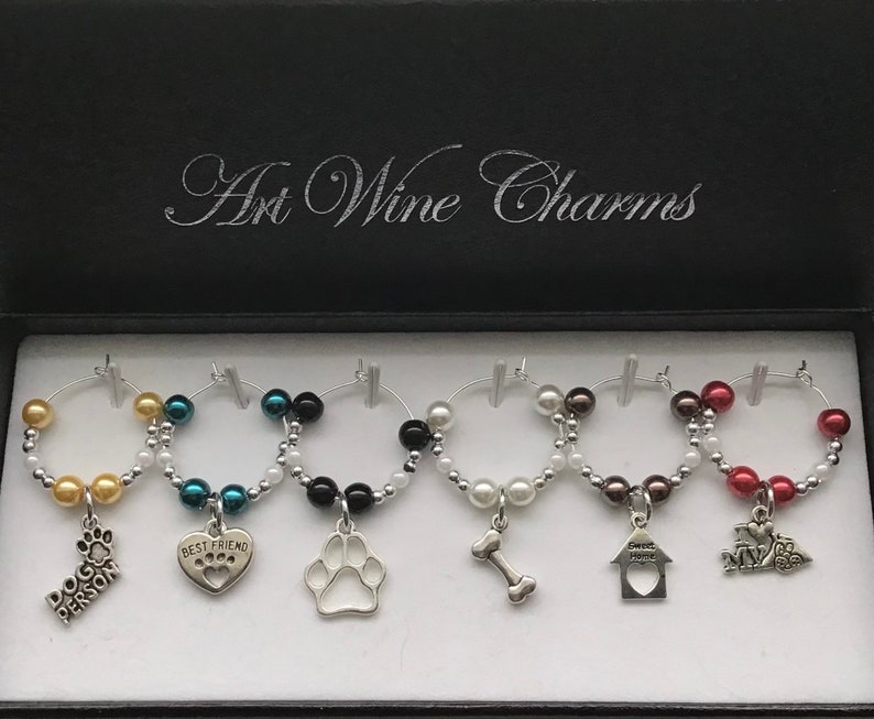 6 Dog themed Wine Charms, Canine, Puppy, I Love My Dog, Veterinary Gift, Veterinarian, Animal Shelter Gift, Gift, Themed Party, Party Favors image 1