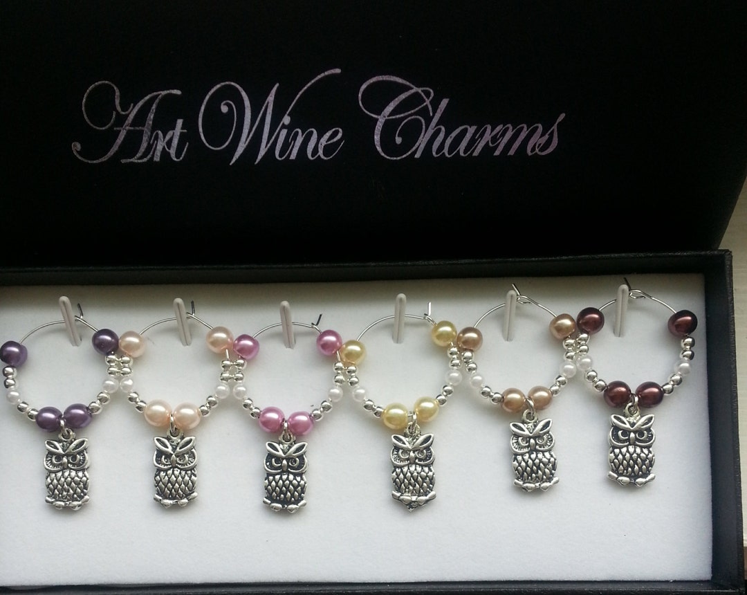 6 Pudgy Owl Themed Wine Charms, Owls, Birds, Wine Charms, Teacher Gift