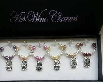 6 Pudgy Owl themed Wine Charms, Owls, Birds, Wine Charms, Teacher Gift, Educator Gift, Gifts under 20, Party Favors, Themed Party, Thank You