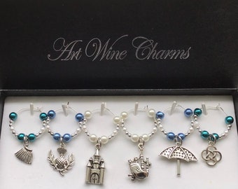 6 Scotland, themed, Wine Charms, Scottish, Party Decorations, Pub, Thank You, Gift, Scotland, Thistle, Bagpipes, Gifts for the Scottish