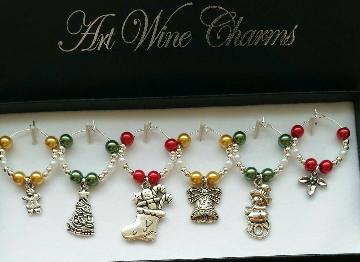 6 Holiday Themed Wine Charms in Gold Green and Red Etsy