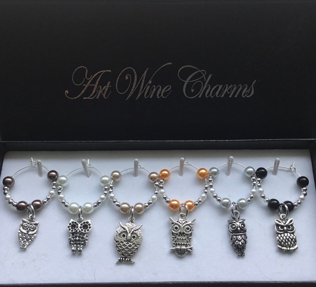 6 Owl Owls Themed Wine Charms Birds Wine Charms Teacher Etsy