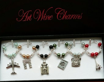 6 Travel themed Wine Charms, World, Traveler, Europe, Themed Party, Party Favors, Thank You, Gift, Gifts under 20, Wineglass, Markers, Paris