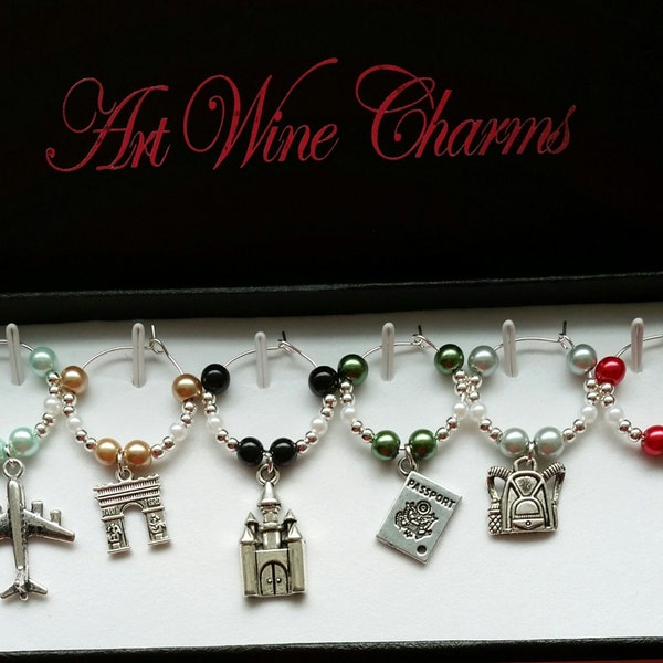 6 Travel themed Wine Charms, World, Traveler, Europe, Themed Party, Party Favors, Thank You, Gift, Gifts under 20, Wineglass, Markers, Paris