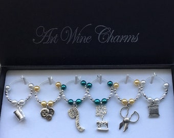 6 Sewing themed Wine Charms, Gifts for Sewers, Sewing gifts, Gifts for Quilters, Quilting, Sewing, Sewing Decor, Thank You Gift for a Sewer