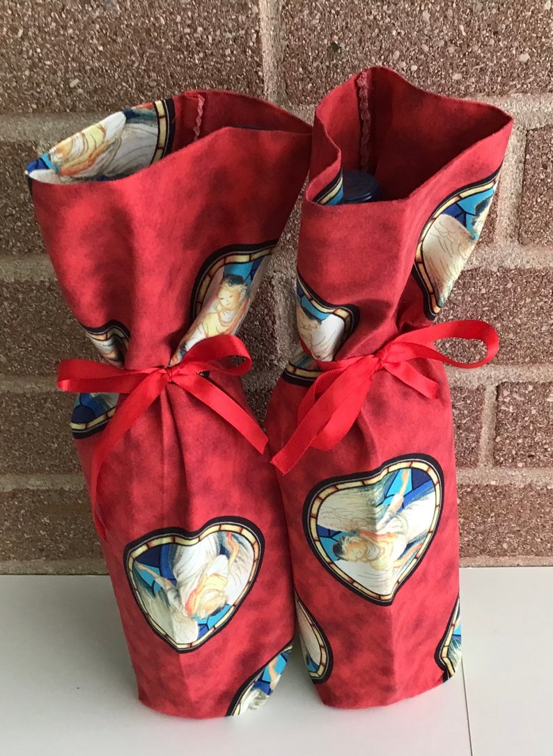 Fabric, Wine Bottle Bag, Thank You, Gift, Small Bags, Reusable, Washable, Bag, Wine, Bottle, Christmas, Holiday, Eco-Friendly, Angels, Red image 5