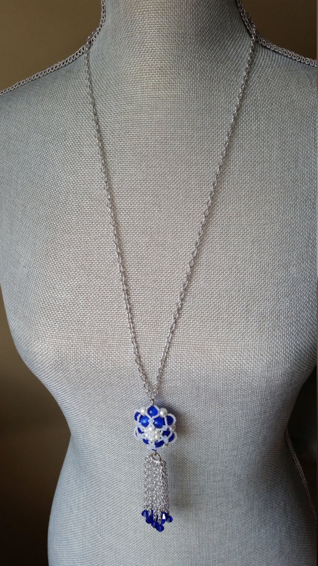 Blue Cat's Eye Beaded Pendant Necklace With Chain Tassels - Etsy Canada