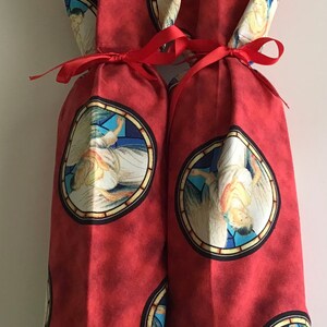 Fabric, Wine Bottle Bag, Thank You, Gift, Small Bags, Reusable, Washable, Bag, Wine, Bottle, Christmas, Holiday, Eco-Friendly, Angels, Red image 2