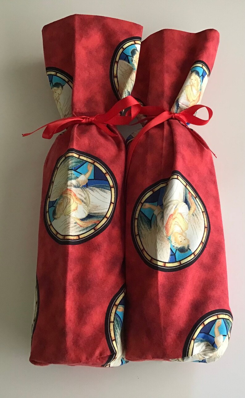 Fabric, Wine Bottle Bag, Thank You, Gift, Small Bags, Reusable, Washable, Bag, Wine, Bottle, Christmas, Holiday, Eco-Friendly, Angels, Red image 2