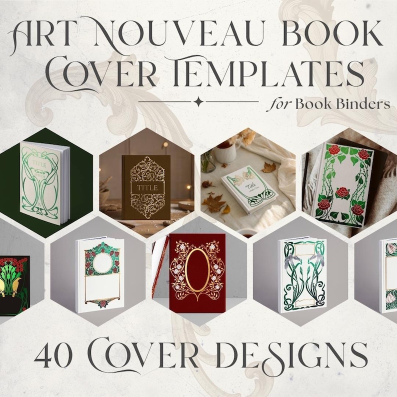 Book Binding Template Art Nouveau Style Digital Download Package Journal Cover Design SVG Format Collection Cricut Compatible File Vintage Pattern Resource Complete Bundle Forty Designs DIY Craft Supply Beautiful Ornate Details Historical